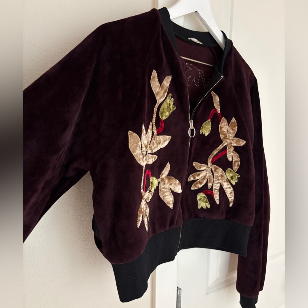 ZARA Purple Burgundy Embroidered Velvet Bomber Jacket, Shimmer Collar, Small - Picture 3 of 10